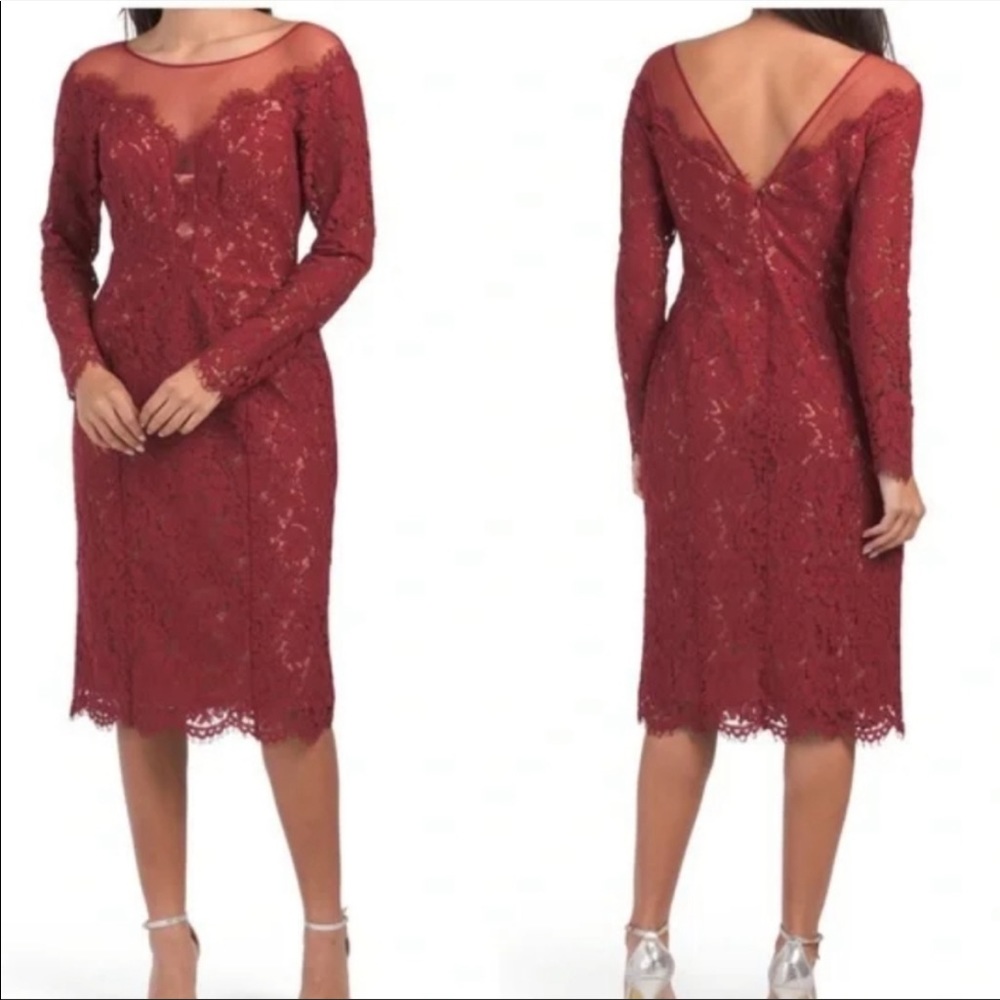 NWT RENE RUIZ ~Size 12 ~LONG SLEEVE~ ILLUSION DETAIL~ LAC SHEATH DRESS BURGUNDY